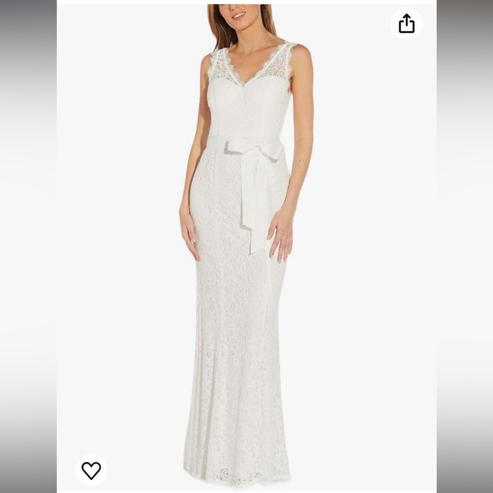 Adrianna Papell Womens Sleeveless Lace Illusion V-Neckline, Ivory Wedding Gown
